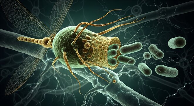 Conceptual nanobot interacts with a vibrant neural network, showing electrical impulses and microscopic organisms