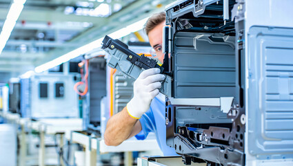 Factory worker on an assembly line manufacturing electronic equipment. Engineer installs a machine component — a concept of modern industrial production and technology. 