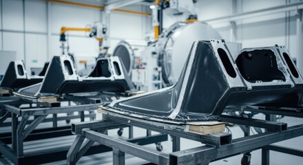 Satellite fairing composite components resting on transport racks ready for autoclave curing in a cuttingedge aerospace fabrication shop.