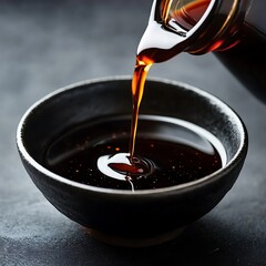 Pouring soy sauce into a bowl on dark background.