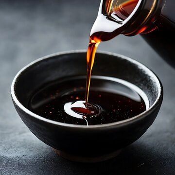 Pouring soy sauce into a bowl on dark background.
