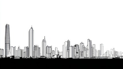 Fototapeta premium Black and White City Skyline Silhouette Line Art Style Illustration