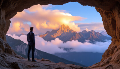 Man standing in cave entrance looking at mountain peak with colorful clouds at sunset