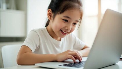 Smiling girl using laptop computer at home enjoying learning and playing games