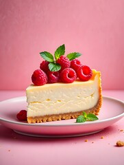 Raspberry Cheesecake Slice with Mint Garnish on Pink Plate