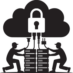 Two workers connecting servers to a secure cloud with a padlock in black and white illustration