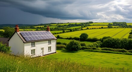 Obraz premium Sustainable Energy Home Installation Harnessing Solar Power on a Rural Property Under a Cloudy Sky