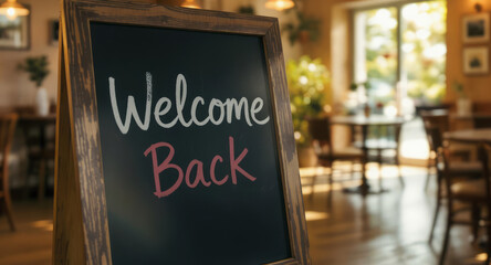 Welcome back message on chalkboard in warmly lit cozy cafe interior