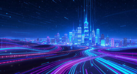 Futuristic cityscape with glowing neon lights and dynamic light trails under starry night sky