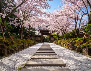 Obraz premium Serene Blossom Path: A Tranquil Walk Through Cherry Blossoms in a Japanese Garden