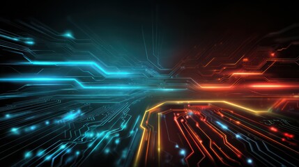 Abstract digital illustration of a blue and orange circuit board with glowing lines