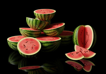 Watermelon Pieces Stack on Dark Reflective Surface