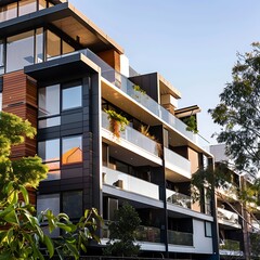 Modern apartment buildings on a sunny day with a blue sky.