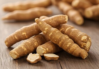 Fresh Gastrodia elata root on a wooden table