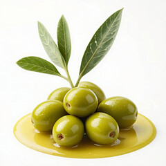 Green Olives with Leaves on Olive Oil Puddle Isolated