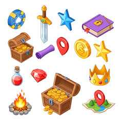 Collection of colorful fantasy game icons including treasure chests potions swords maps and magical items