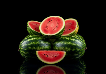 Watermelon Pieces Stack on Dark Reflective Surface