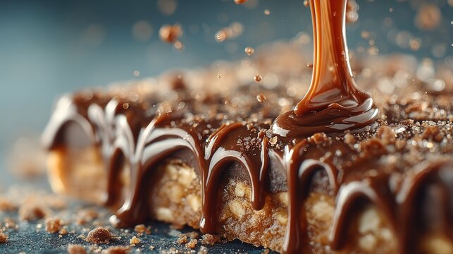 Close-up shot of chocolate sauce pouring onto a bar with cookie crumbles, dessert creation