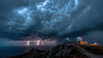 Fototapeta premium Dramatic Coastal Radar Station on Cliffside Under Stormy Clouds