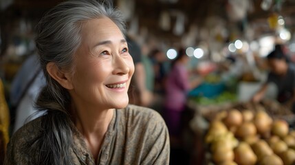 Obraz premium A candid portrait of a joyful elderly Asian woman walking through a bustling local market, captured with warm natural light.