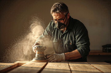 Dust Flying as a Man Works on a Carpentry Project