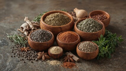 Different herbs and spices arranged in wooden bowls atop a rocky surface