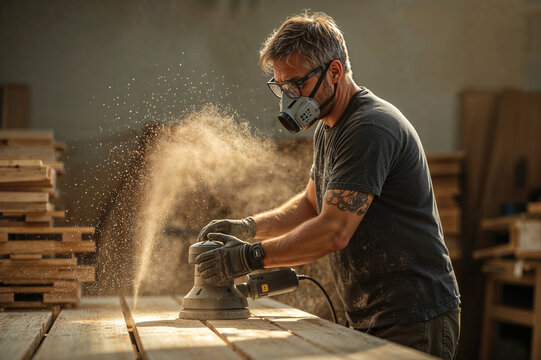 Woodworker Polishing a Wooden Plank with a Power Tool - Powered by Adobe