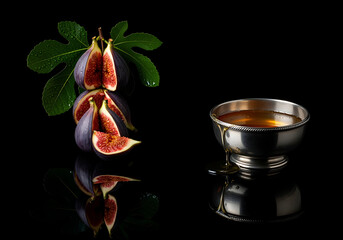Figs and Honey Reflect on Dark Gleaming Surface