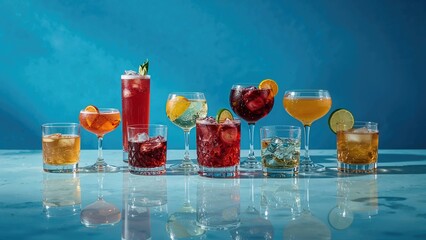 Selection of multicolored drinks served in glassware on a reflective surface