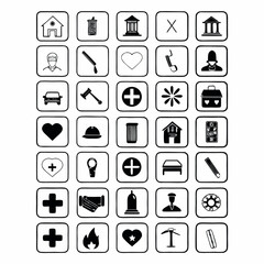 Minimilist assortment of thirty five different black and white icons displayed in a rectangular grid pattern design vector