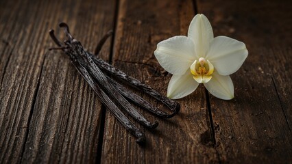 Close-up of vanilla sticks and flowers placed on wooden background