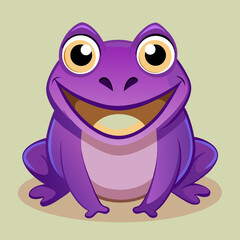 A cheerful cartoon purple frog with large eyes, sitting happily against a plain background.