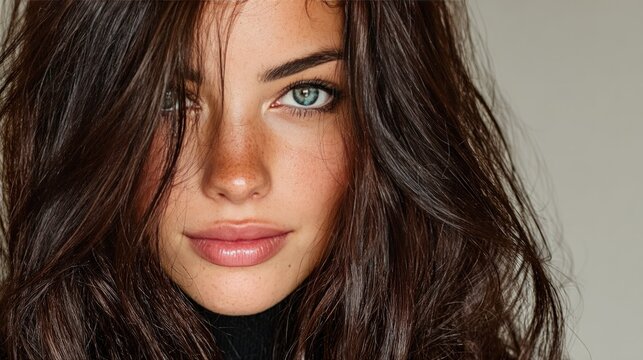 Up-close portrait of a young woman with long brown hair, striking blue-green eyes and freckles