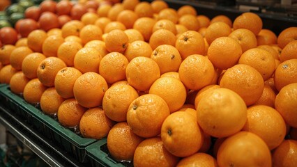 Fresh citrus fruits packaged in clear boxes on supermarket shelves, detailed side view.