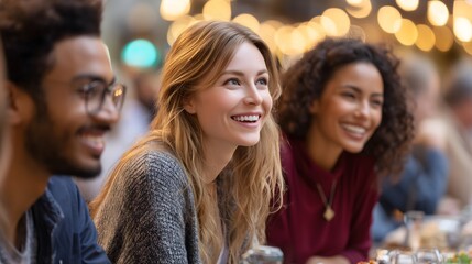 Multicultural friends share a meal at an outdoor cafe, representing a diverse urban lifestyle.