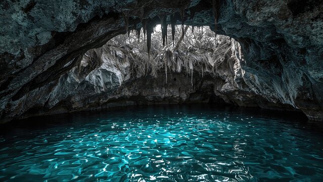 Vintage monochrome photo of stunning turquoise waters and limestone sinkhole cave at a sacred warrior sanctuary