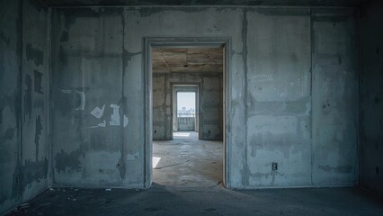 Obraz premium Apartment under construction with exposed concrete walls and a half-completed door frame