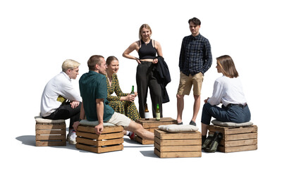 Large group of friends sitting outside casually on wooden boxes and crates and talking, isolated on transparent and white background