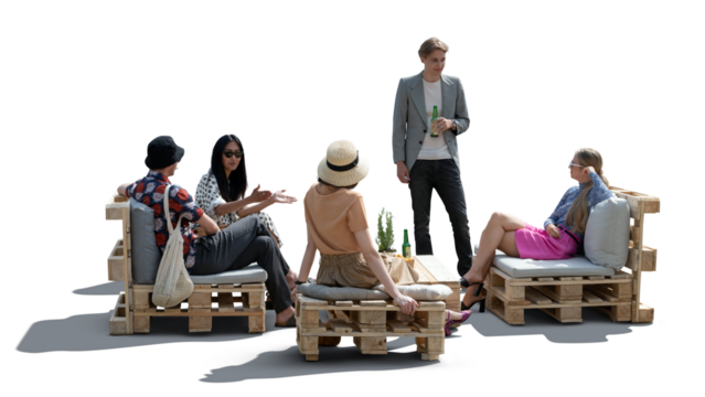 Group of trendy young people having a summer party in a hipster cafe with pallet furniture, isolated on transparent and white background