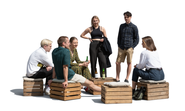 Large group of friends sitting outside casually on wooden boxes and crates and talking, isolated on transparent and white background