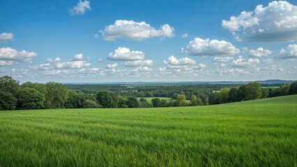 Fototapeta premium Lush emerald fields bordering a forest with a wide sky overhead, capturing the harmonious essence of nature's landscapes and evoking serenity.