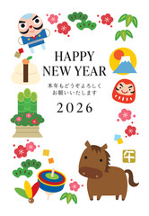2026年 午年の縁起物年賀状/囲み・縦02
