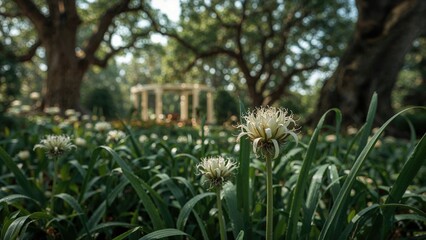 Baroque-style garden scene highlighting ornamental garlic with a blurred pavilion in the background, surrounded by vibrant flowers and greenery in spring and summer.