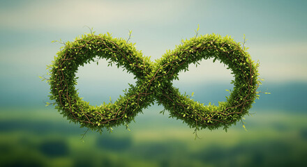 Obraz premium Green moss infinity symbol against a blurred natural background.