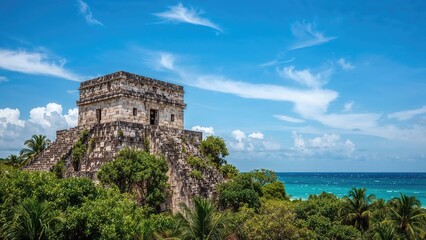 Fototapeta premium Historic stone architecture set against a bright blue backdrop