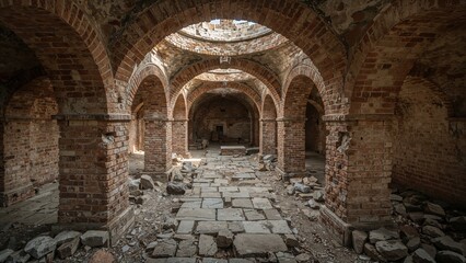 Obraz premium Historic underground brick building remains with vintage texture, travel theme, old house, landscape, construction