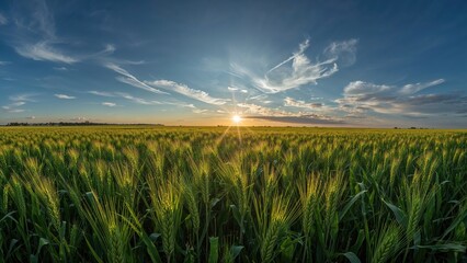 Expansive scene of vibrant green wheat illuminated by radiant sun rays during a spring sunset beneath a moody blue sky