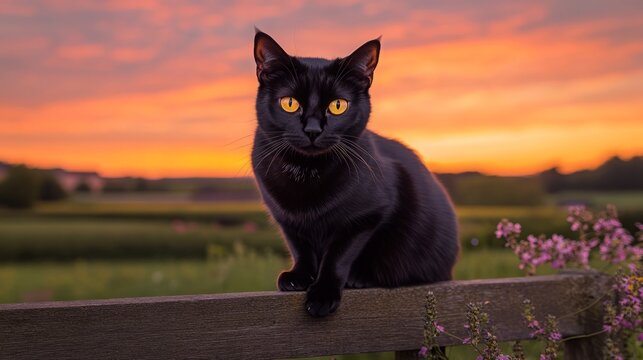 A black cat sits on a fence at sunset with yellow eyes staring - Powered by Adobe