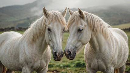 Obraz premium Pair of white horses nuzzling in a natural setting