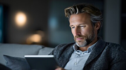 A middle-aged Caucasian man using a digital tablet for remote work in a minimalist, modern home with clean negative space for text overlay.